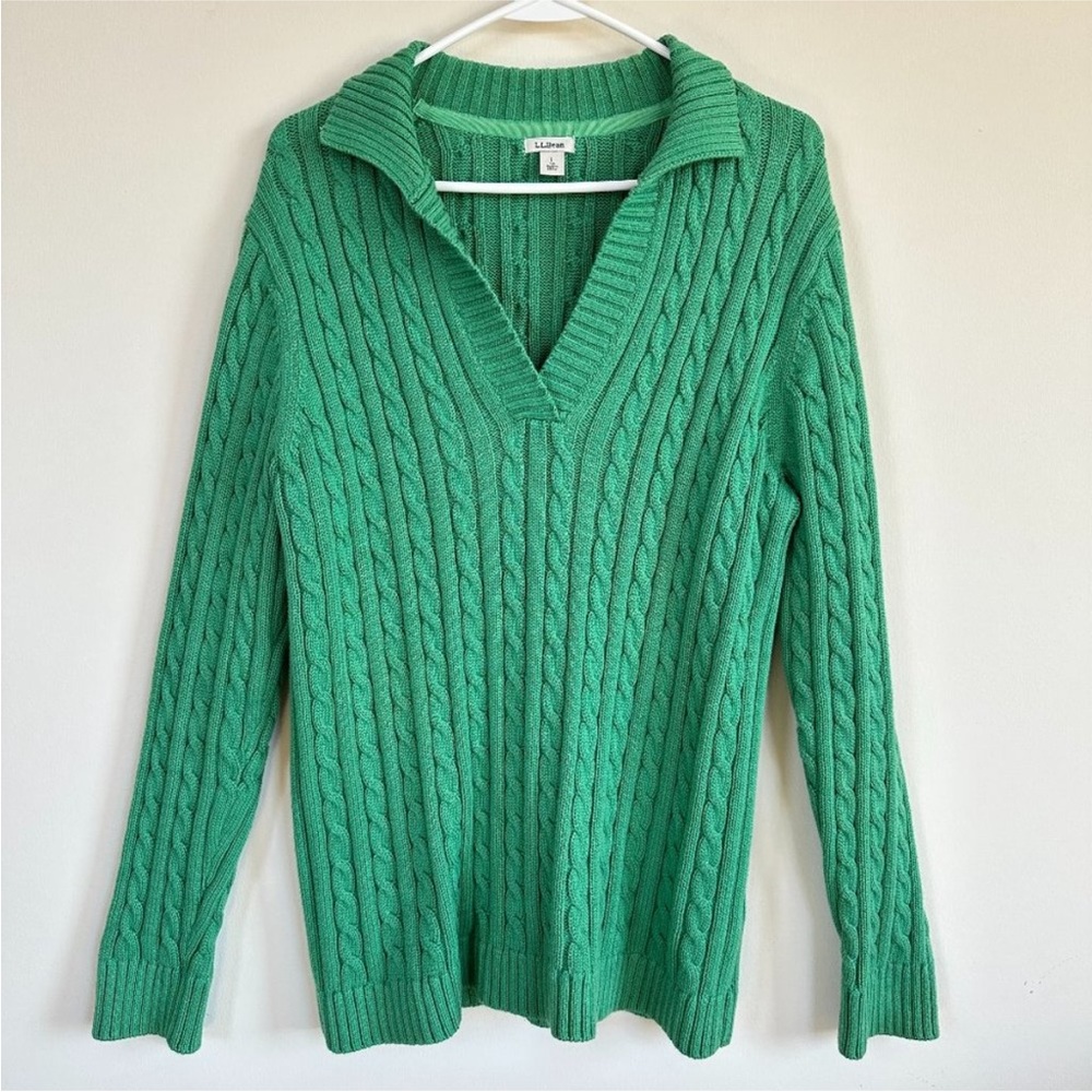 L.L. Bean Cable Knit Pullover V-neck Sweater Long Sleeve LARGE